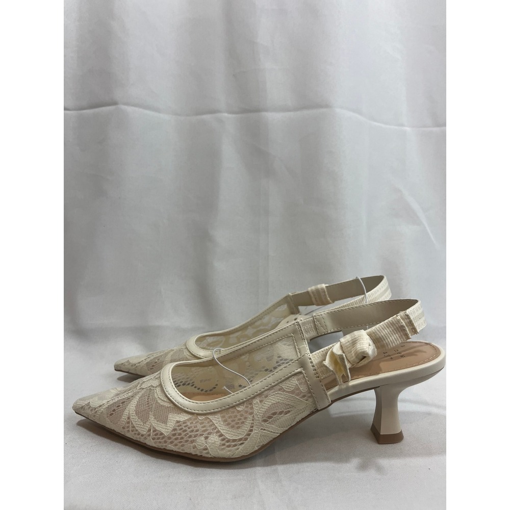 A New Day Cream Lace Slingback Kitten Heels Pointed Toe Bow Accent Size 9 NEW